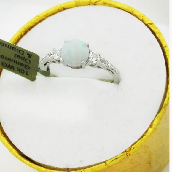 Dainty Opal & Diamond Ring in 10kt White Gold | OpalPop Genuine 1.04 Cts Opal & Diamond Ring 10K White Gold